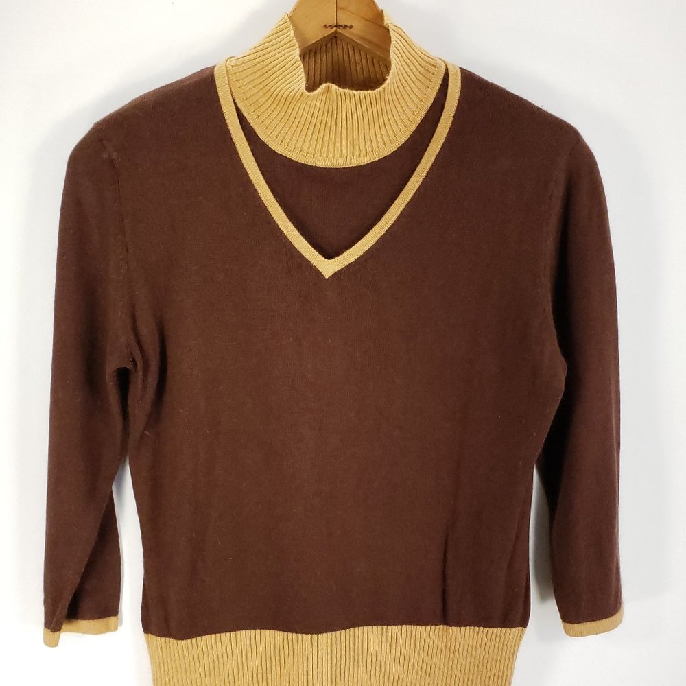 Donna Gray Sweater Set Women's Large Brown Tan Silk Angora Blend Retro Look